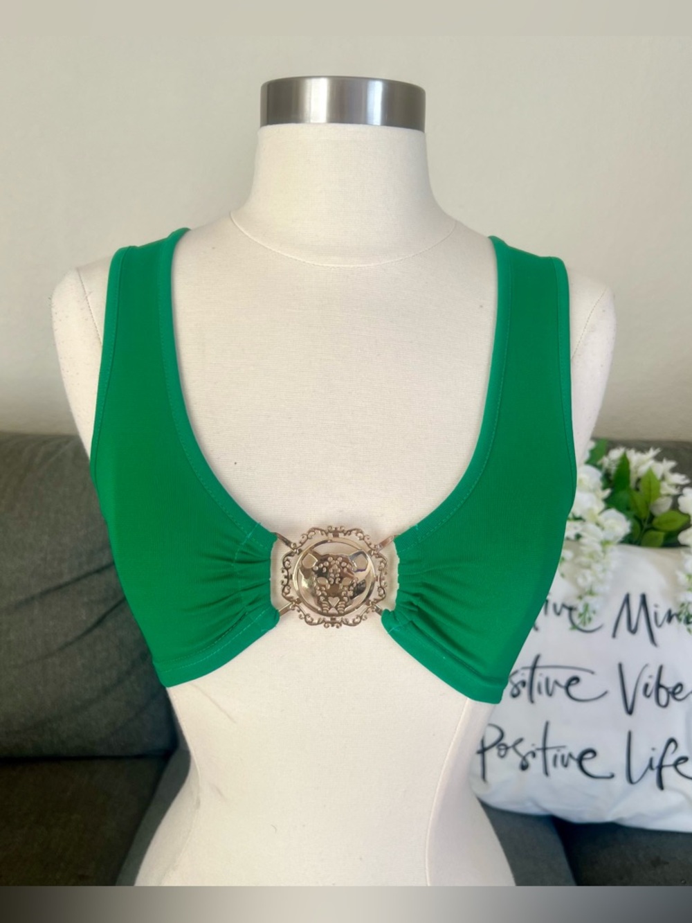 Green Crop Top With Gold Panther Medallion